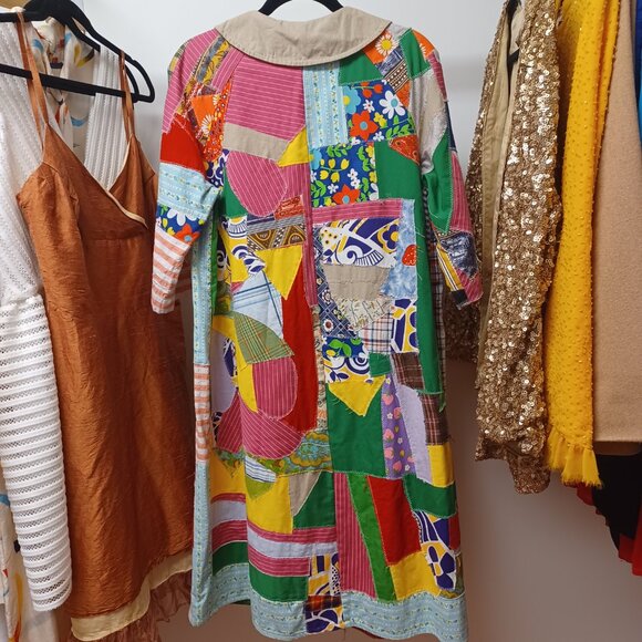 Whimsical Vintage 70s Patchwork Long Jacket XL - Picture 1 of 16